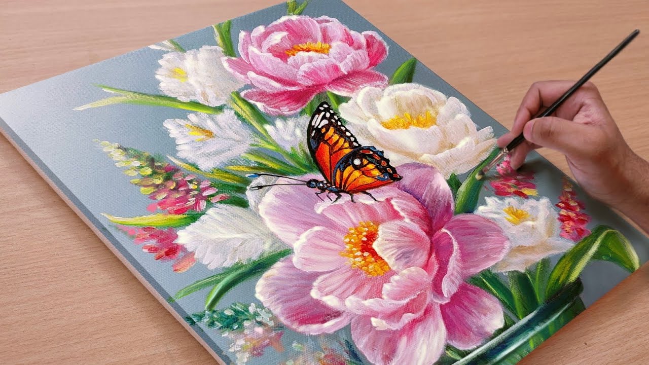 Painting a Beautiful Vibrant Flower Bouquet in a Vase / Acrylic painting / Art paintings