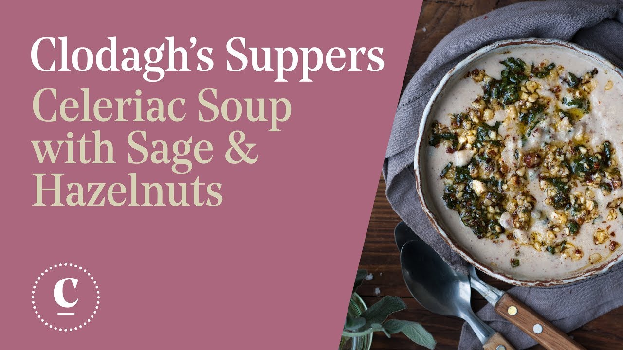 Celeriac Soup with sage and hazelnuts