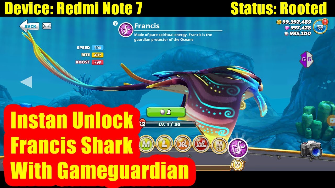 Hungry Shark World - Instan Unlock Francis Shark With Gameguardian