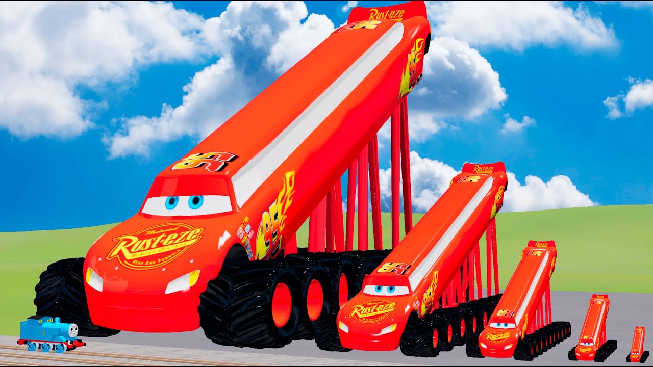 Big & Small  Mcqueen with Monster Truck Wheels Lightning VS Train | BeamNG.drive