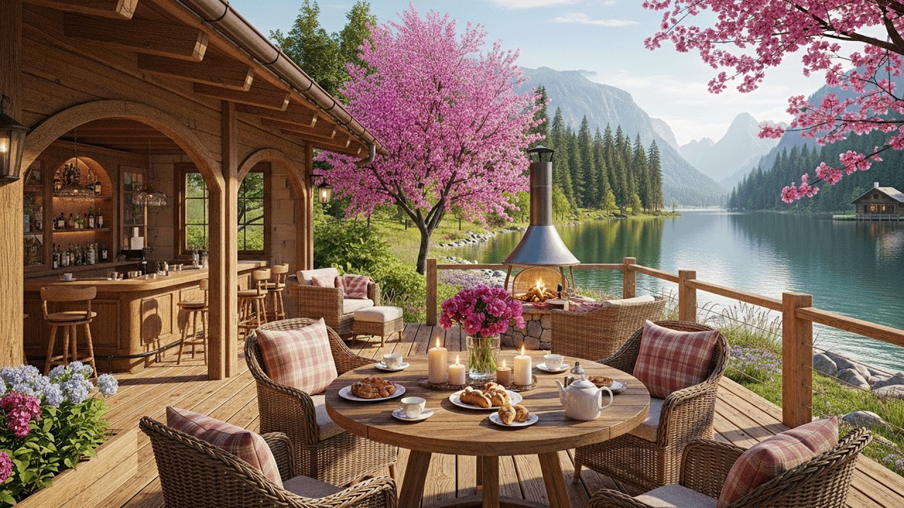 February Spring Morning at the Lake 🌸 Cozy Fireplace & Gentle Piano Music | Relaxing Nature Ambience