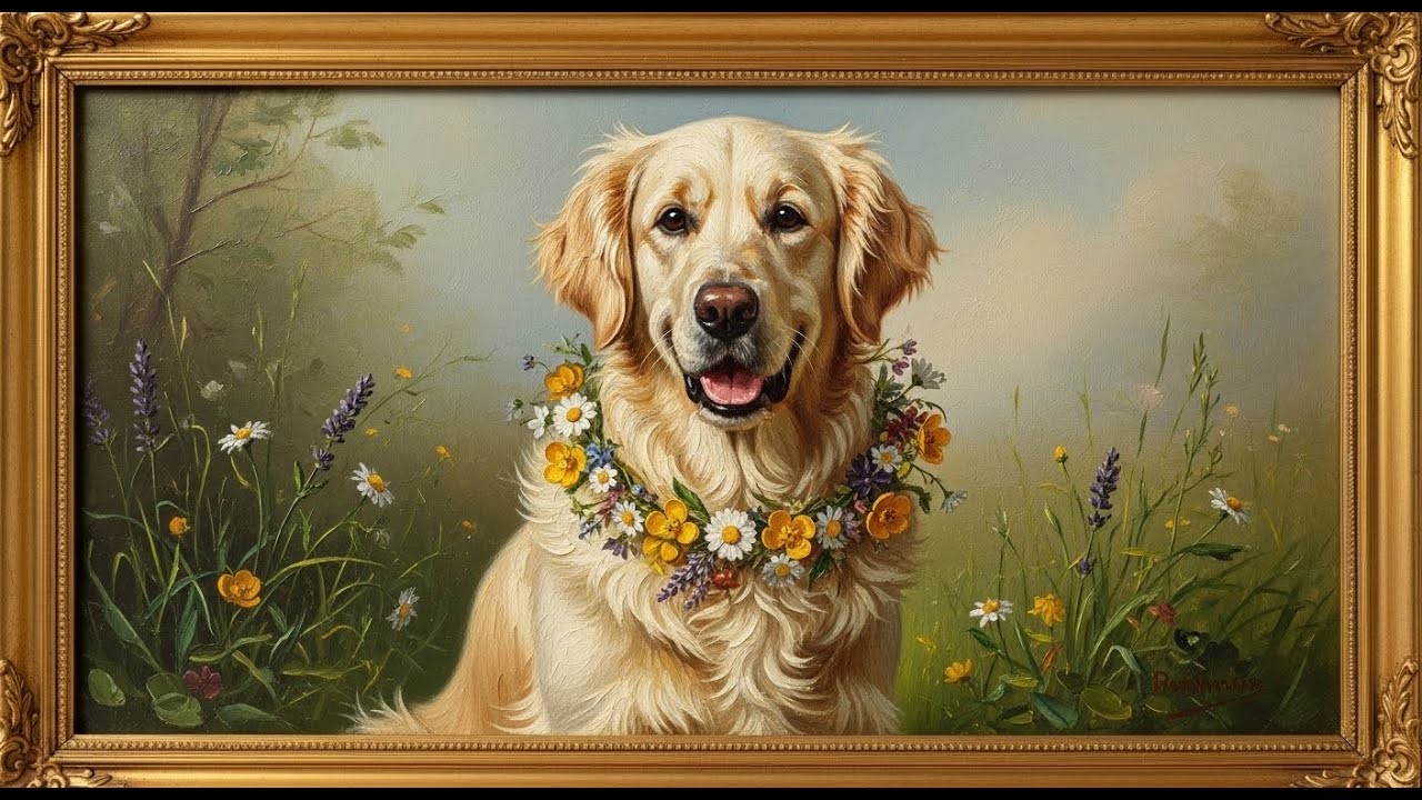 Happy Golden Retriever in Wildflower Meadow | 4K Frame TV Background | Classic Animal Art