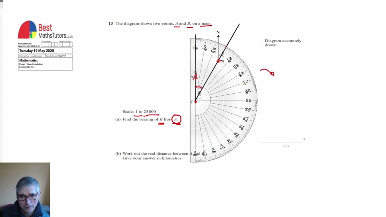 Bearings and Map Scales GCSE Maths Edexcel foundation Paper 1 May 2020 Question 13