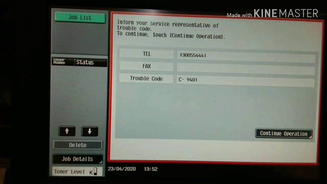 Error C-9401 BIZHUB 283 / 423