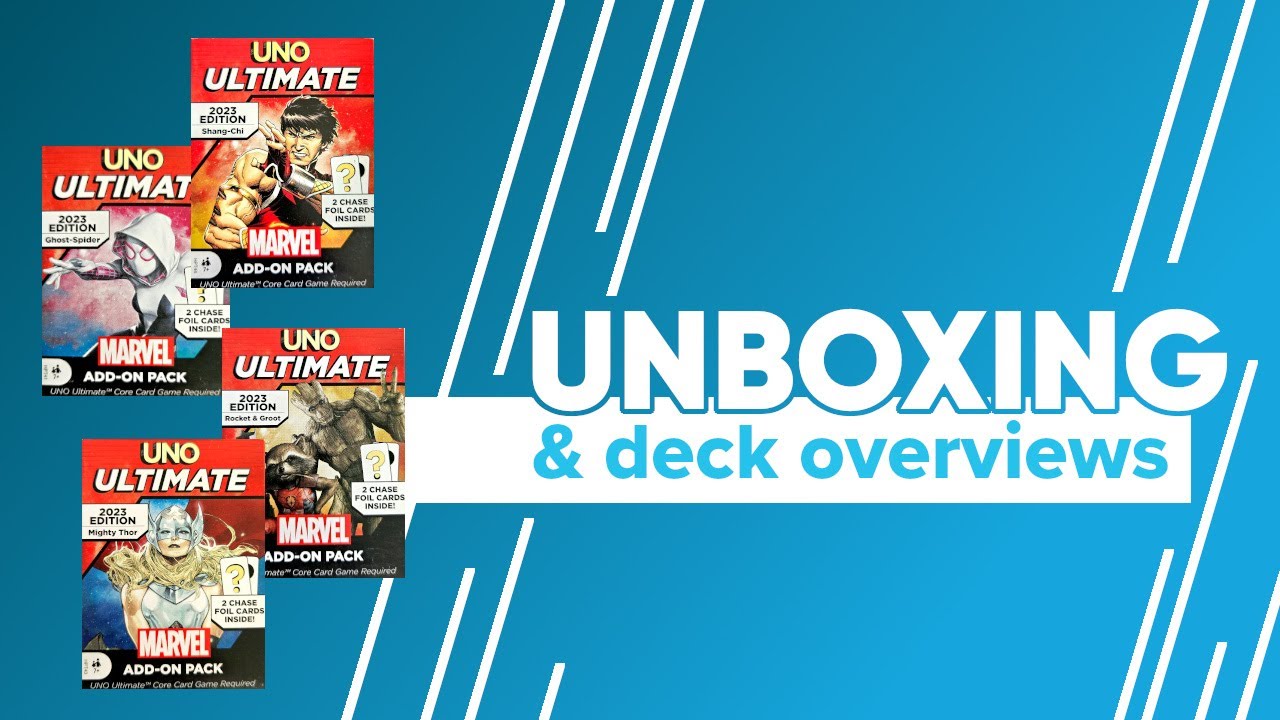 Marvel Uno Ultimate Shang Chi Mighty Thor Ghost Spider Rocket & Groot Add-on Unboxing Deck Overviews