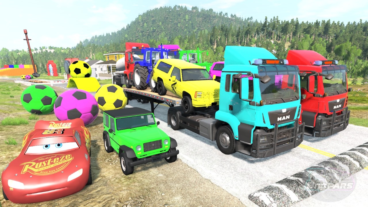Flatbed Truck McQueen Transportation with Truck - Pothole vs Car #14 BeamNG.Drive Gameplay #BngPARs