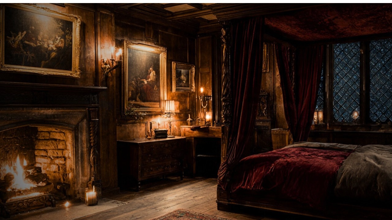 Tudor Bedroom at Night 🔥 Fireplace Ambience for Deep Sleep | Dark Academia Atmosphere