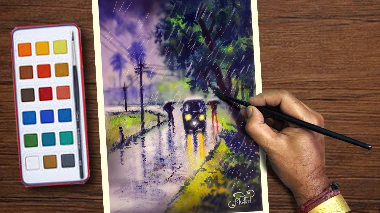 Easy  Rainy Day Drawings for beginners/ Rainy season paintings tutorial step by step