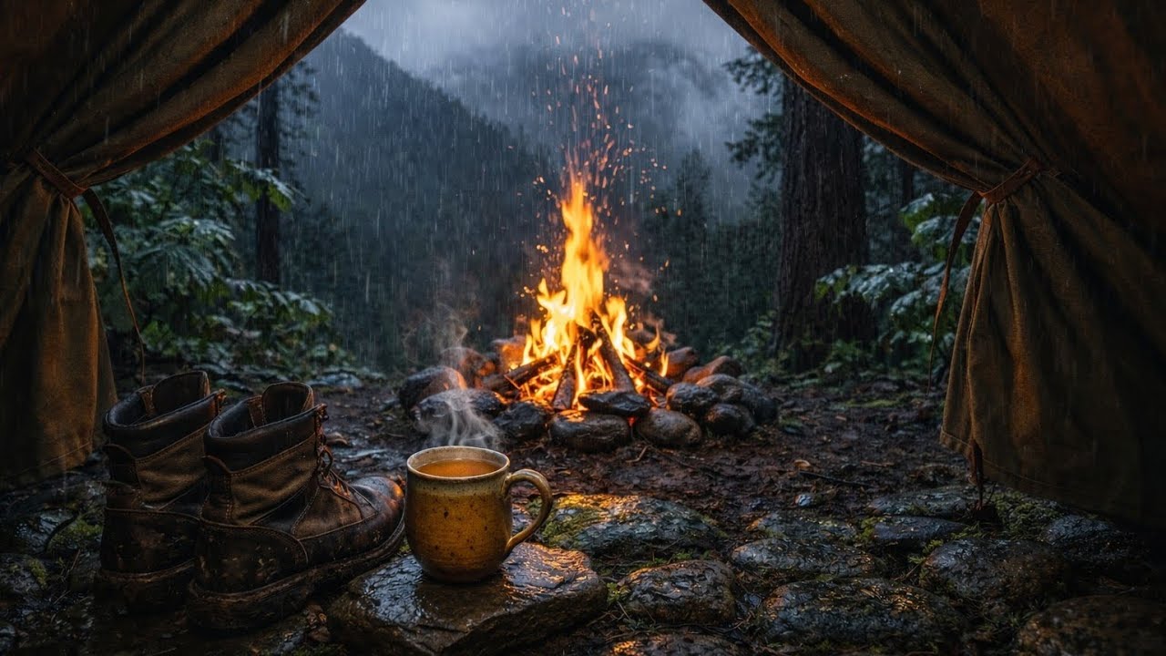 POV: Rain on Tent & Crackling Campfire in the Mountains 4K Ambience (No Music)
