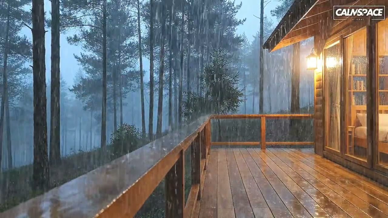 Heavy Rain on Cabin Deck 🌧️ Dark Forest Night Ambience | Sleep, Relax & Anxiety Relief