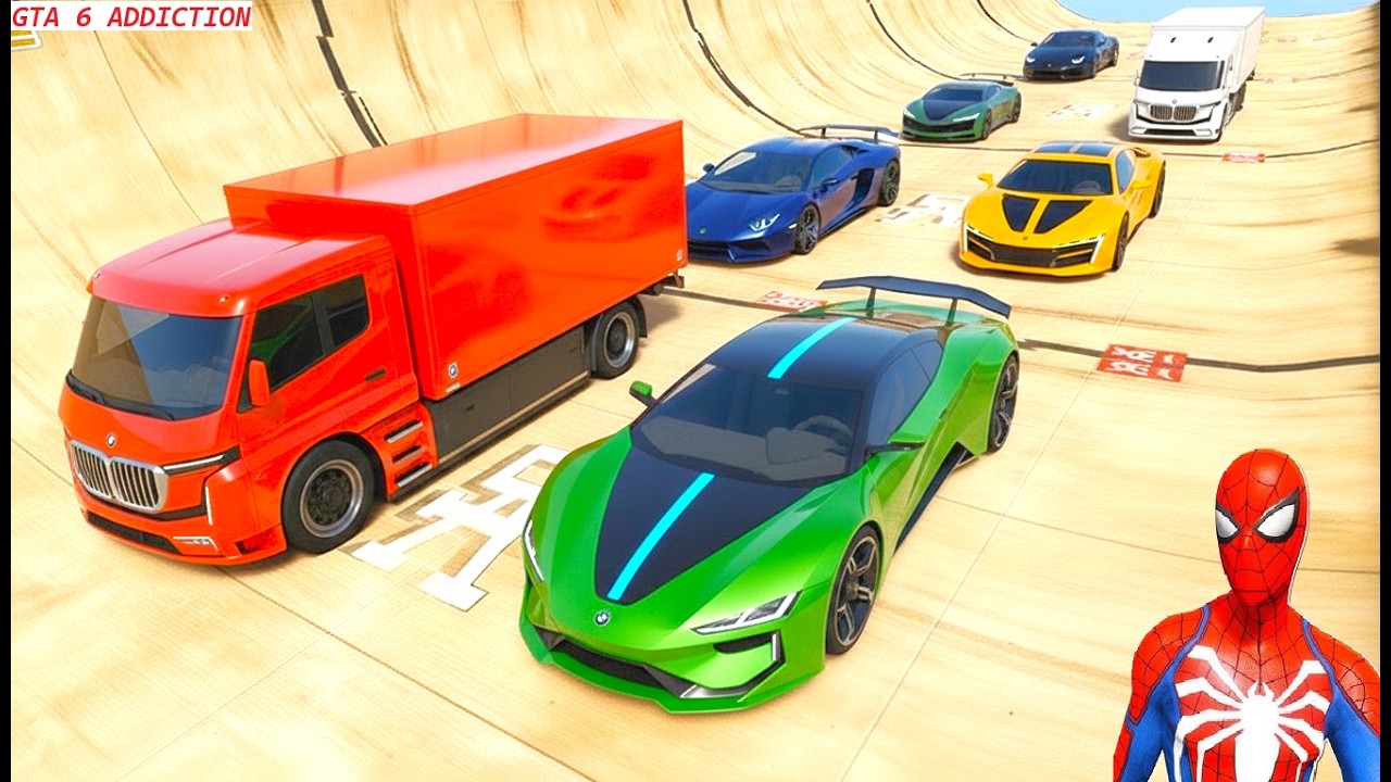 GTA V Superheroes Crazy Race Challenge with Super Cars | GTA V Spiderman Car Stunt Race #27