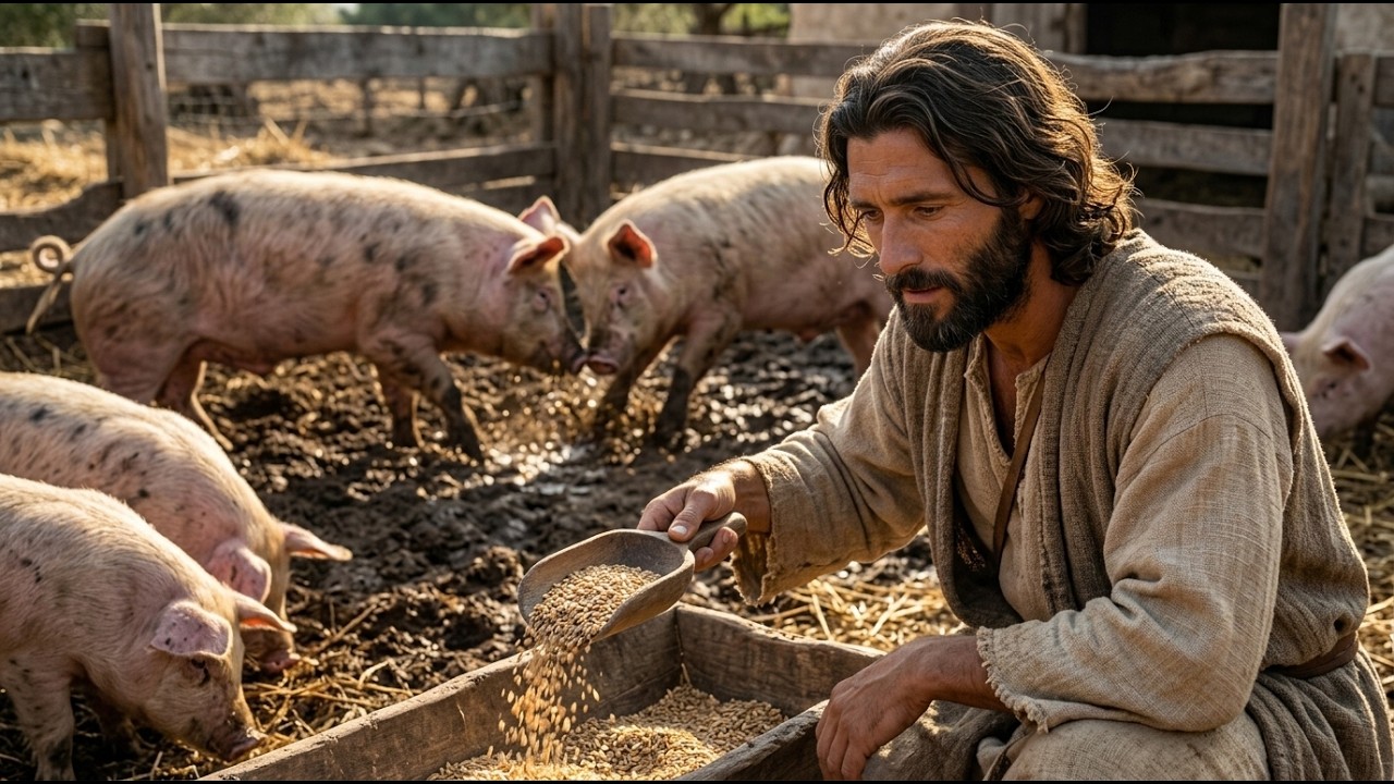 From Pig Farm to Village Feast: Jesus Raising Pigs and Cooking Pork | AI Christian Tribute