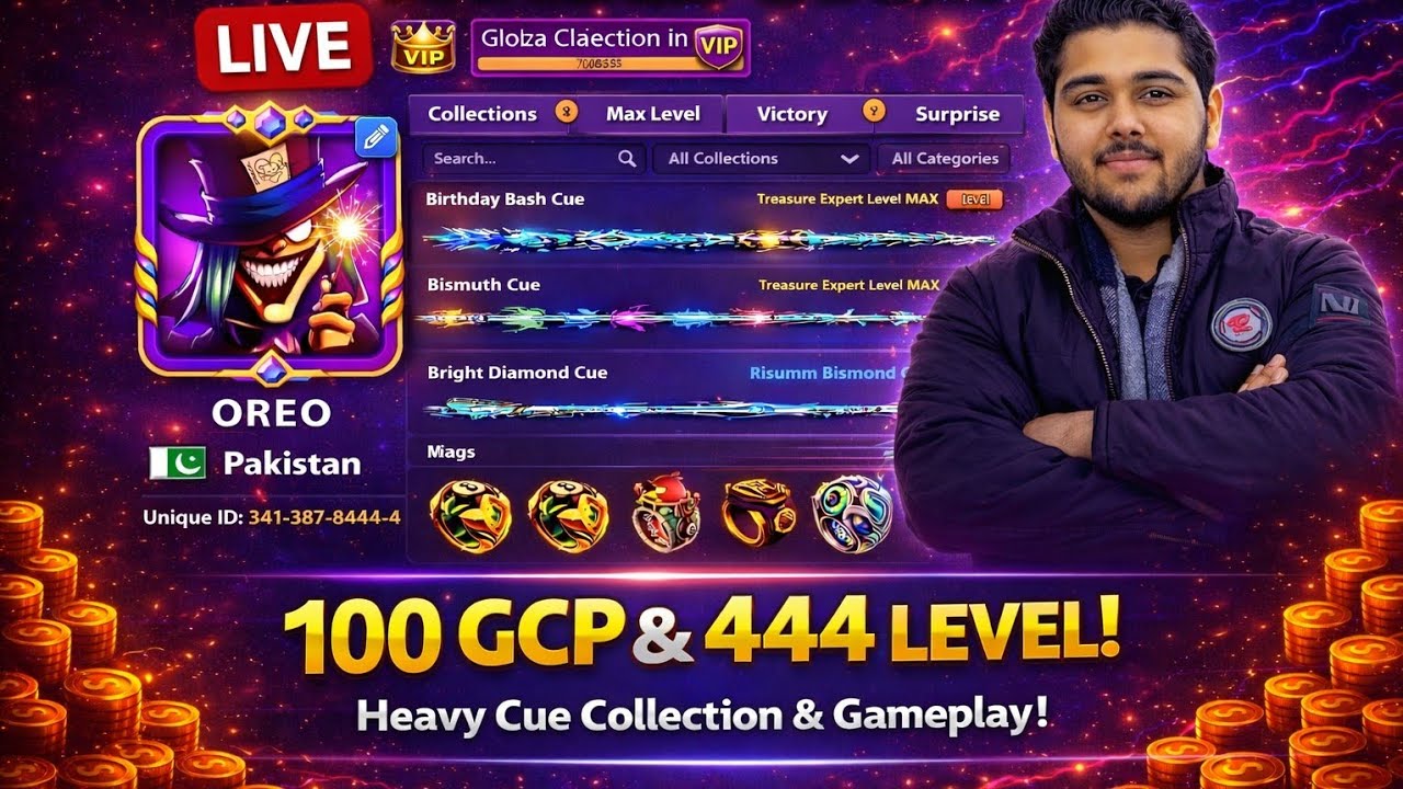 LIVE 🔴 100 GCP Gameplay | 444 Level Top Account 💎 14 Billion Coins + All Max Cues 🔥
