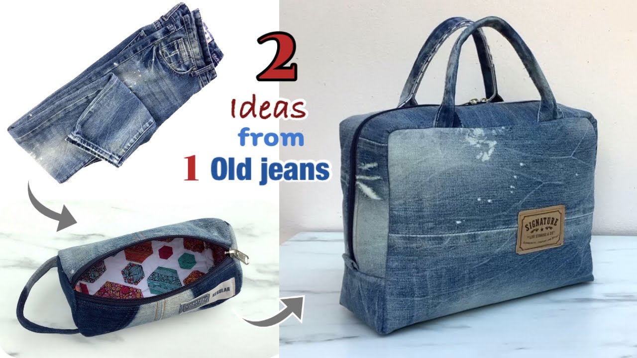 2 ideas from 1old jeans,sewing diy a denim travel bag and denim pencil case or cosmetic bag tutorial