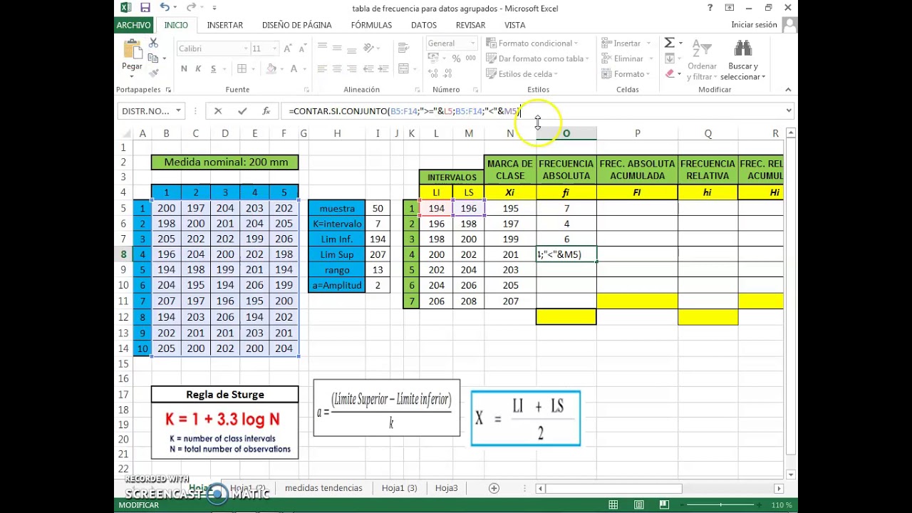 Tabla de Frecuencia para datos agrupados en intervalos con Excel - 