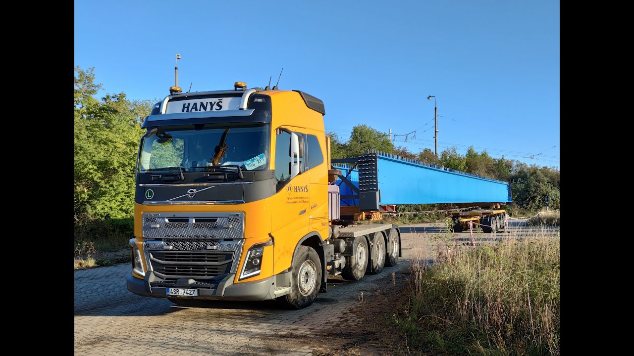 Hanyš - stavba mostu - nadměrný náklad & jeřáb - heavy transport & crane - Schwertransport & Kran