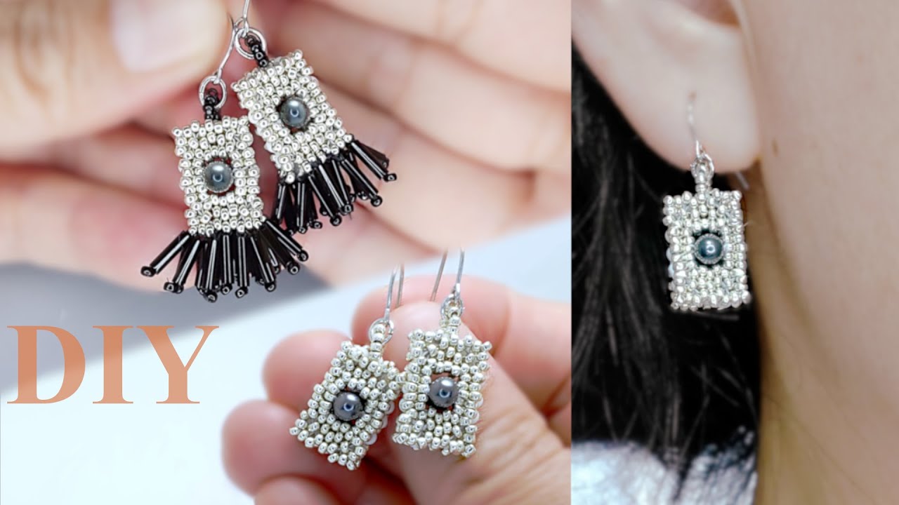 [DIY] How to make beaded cube attractive Earrings*Tutorialビーズでキューブ型ピアスの作り方ビーズステッチ串珠教程立方体魅力黑色精灵耳饰制作方法