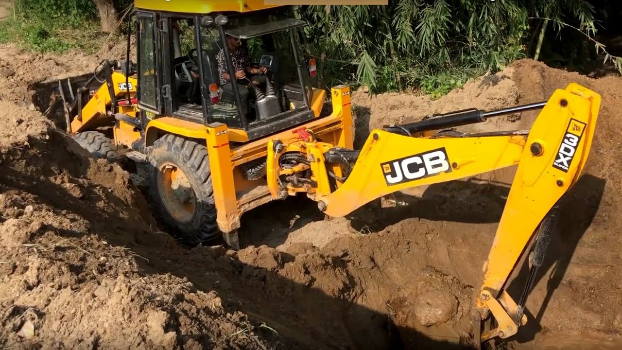 JCB Backhoe Loader Making Drain For Wall Construction- JCB Backhoe Working Road Construction
