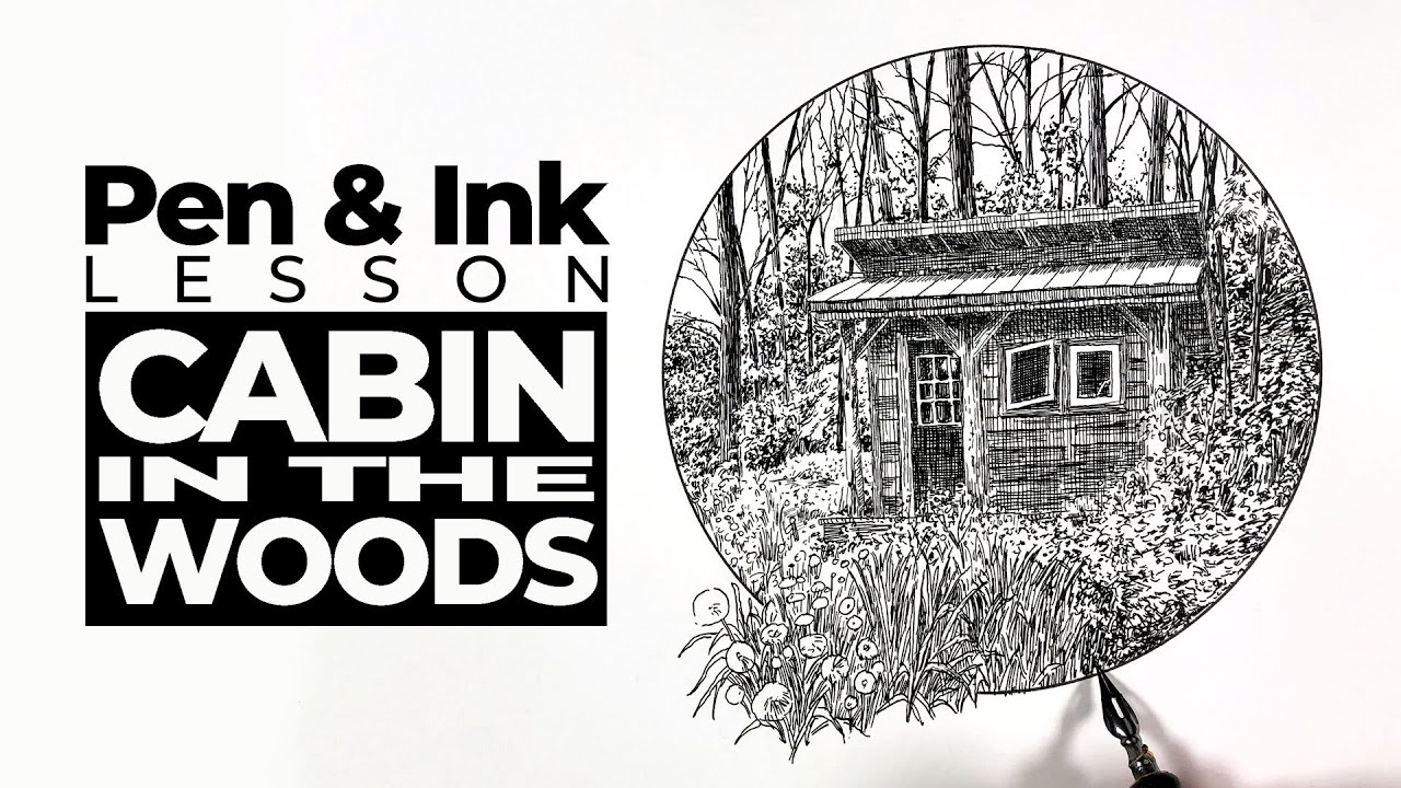 Landscape Drawing with Pen and Ink - Cabin