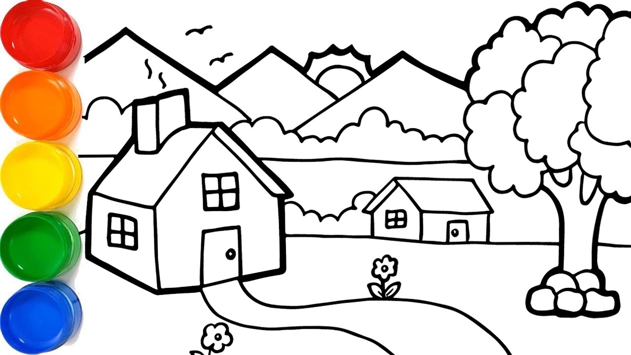 Menggambar, Melukis, Mewarnai lukisan pemandangan rumah untuk Anak-Anak |Menggambar Mudah untuk Anak