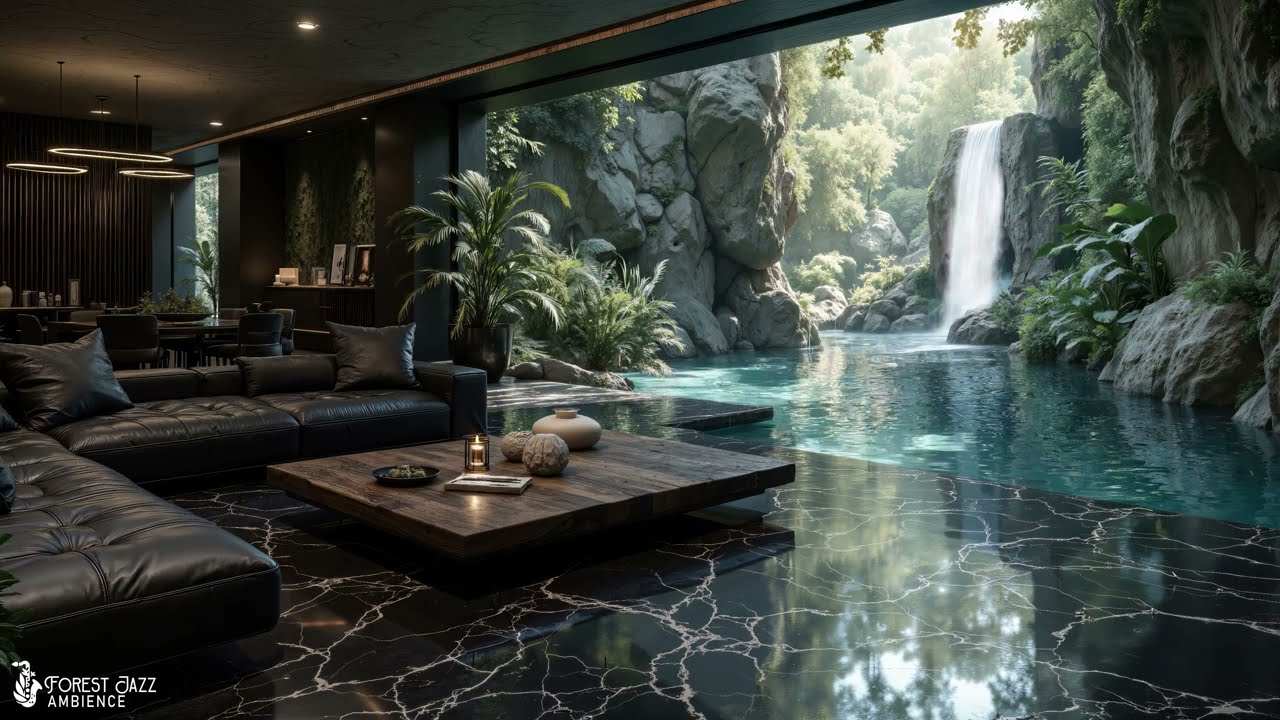 Forest View Living Room Jazz | Gentle Jazz Ambience With Waterfall Sounds For A Peaceful Day