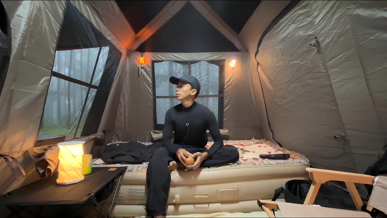 Relaxing Glam Camping in HEAVY RAIN in Pine Forest [Soothing Rain Sounds under a Tent]