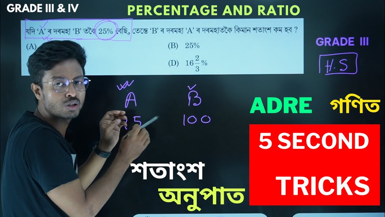 গণিত ৰ শতাংশ আৰু অনুপাত PERCENTAGE AND RATIO SHORT TRICK IN 5 SECOND | ADRE GRADE III and IV MATHS