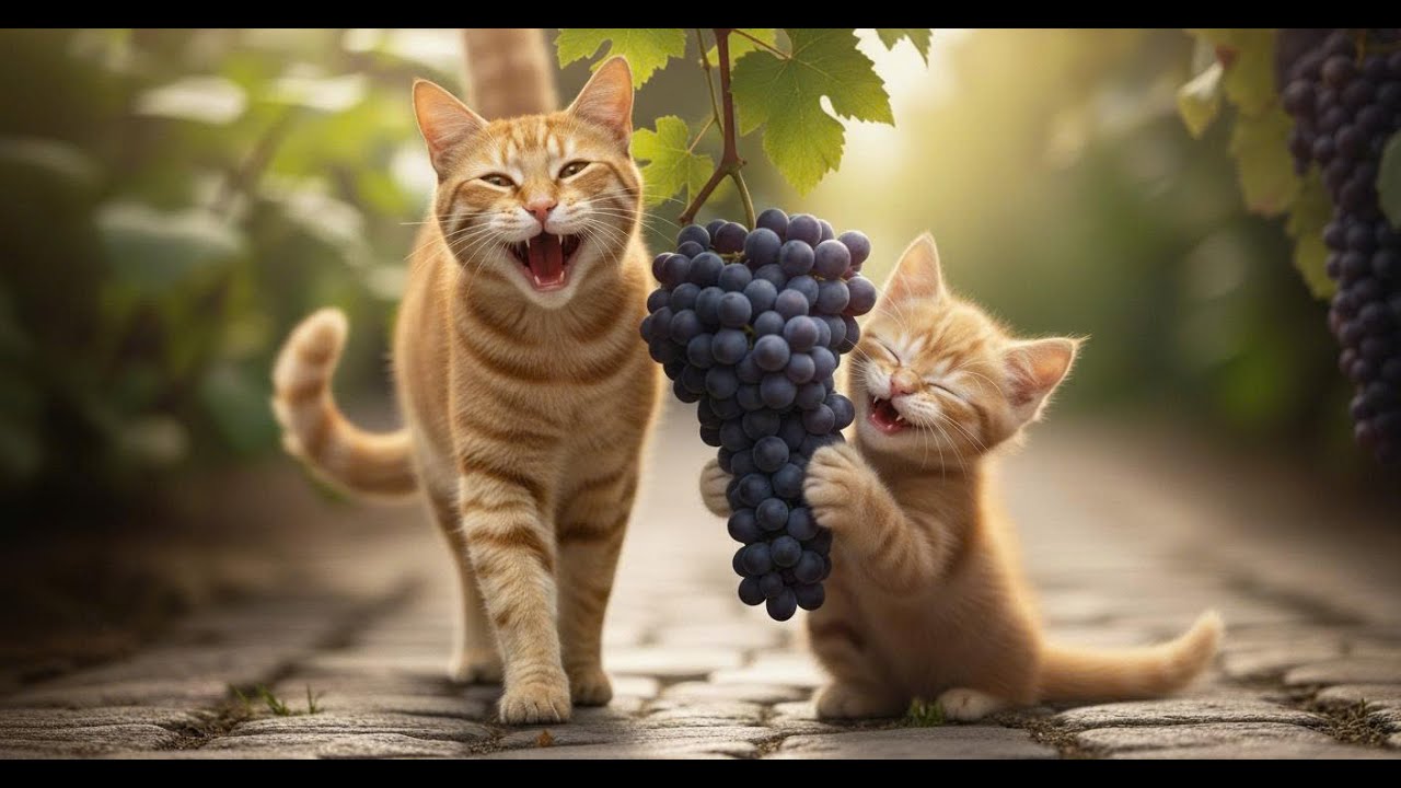 mama and daughter cats go to the farm to plant and harvest grapes 🍃🍃🍃