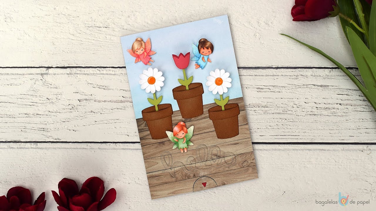 Interactive card with growing flowers and Lawn Fawn products