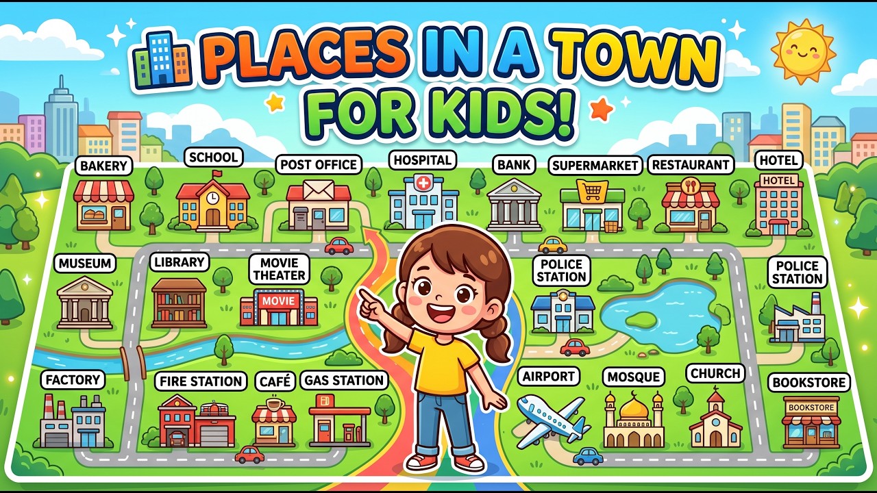 Places in a Town Vocabulary for kids | Kids Learning - AF