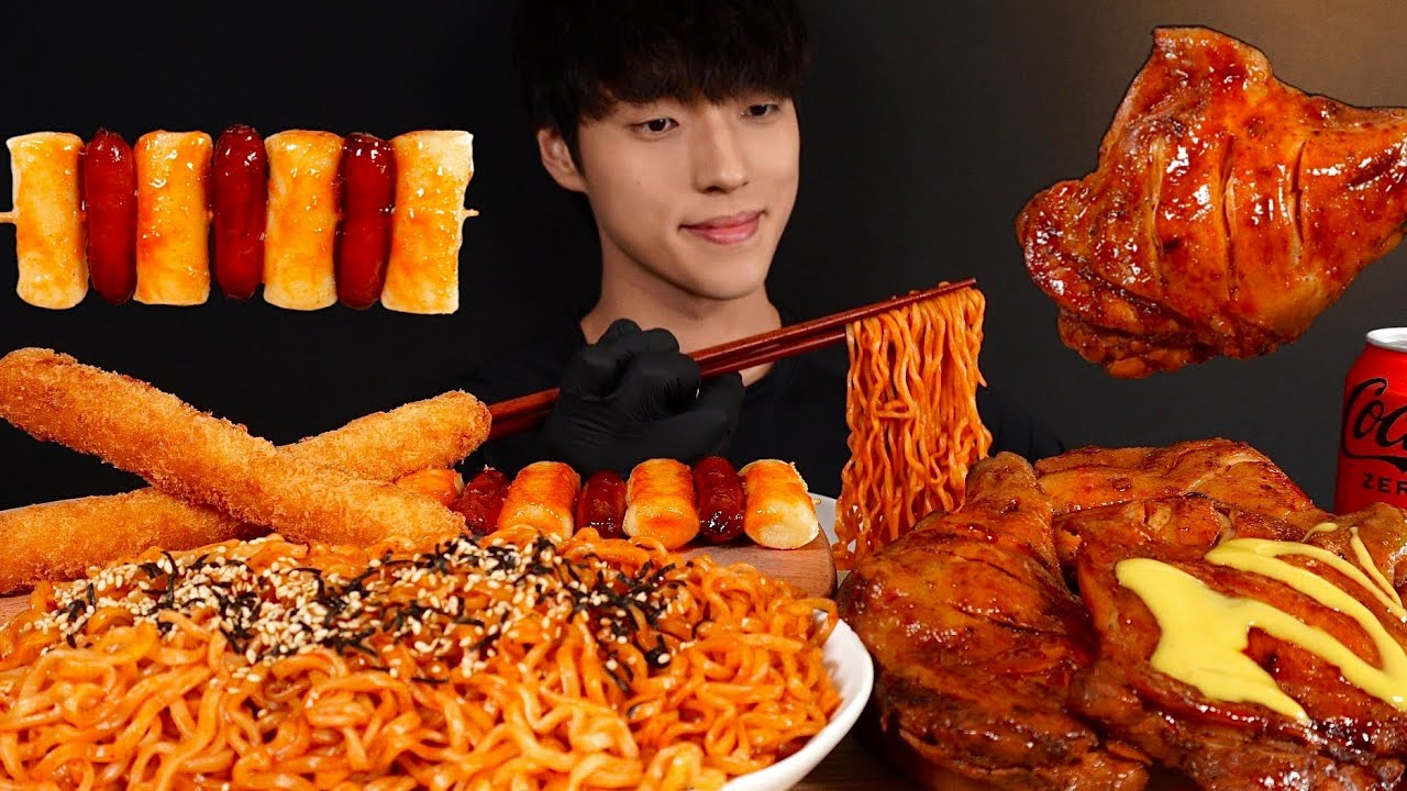자메이카 통다리 치킨, 불닭볶음면 먹방! 소떡소떡 새우스틱 BBQ Grilled Chicken & Spicy fire noodles Mukbang Asmr Eating Sounds