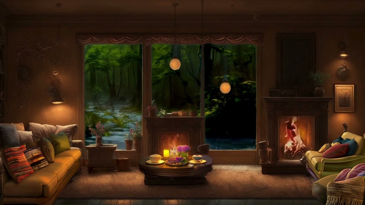 COZY CAIN FIREPLACE AMBIENCE | RELAXING BACKGROUND AND SOUND