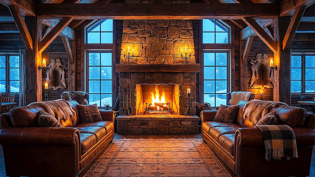 Cozy Winter Cabin Fireplace 🎄 Relaxing Music Holiday Ambience with Warm Fireplace & Soft Snow