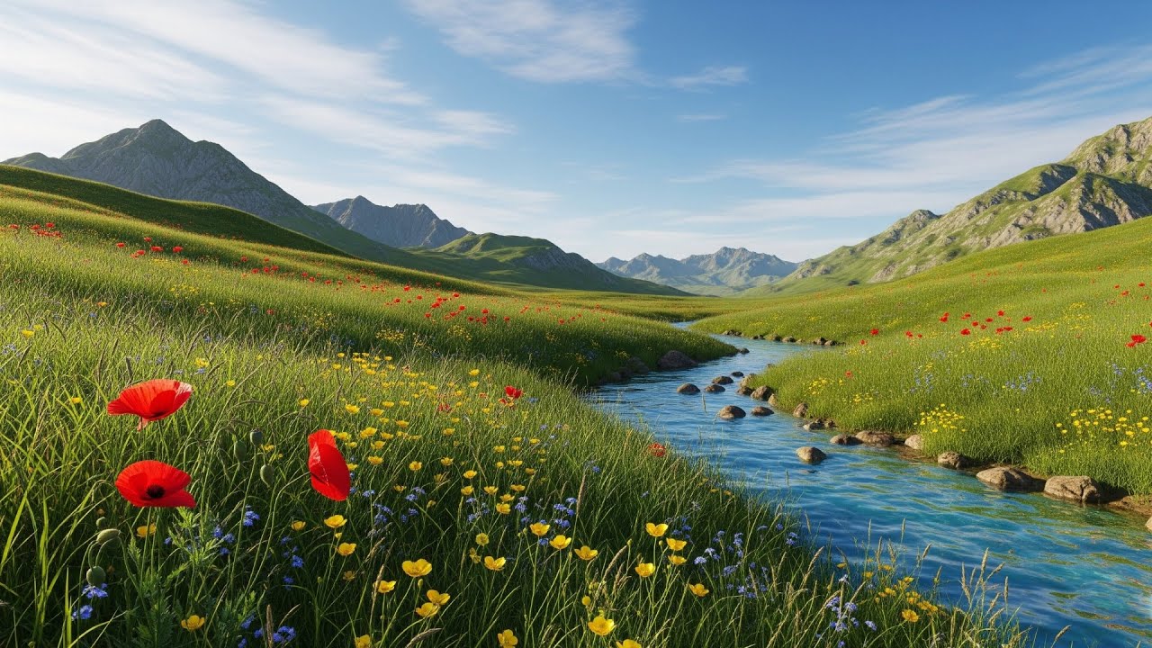 Where Wildflowers Whisper: Peaceful Meadow Ambience with Whimsical Music & River Sounds | Study