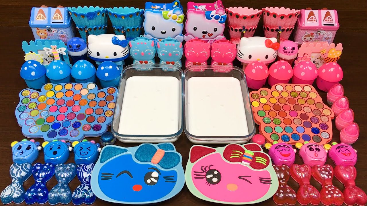 Hello Kitty PINK vs BLUE ! Mixing Random into GLOSSY Slime ! Satisfying Slime Video #310