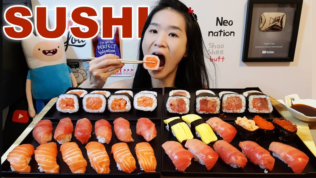 SUSHI FEAST! Salmon & Tuna Sushi, Salmon Sashimi, Sushi Rolls - Japanese Food Seafood Mukbang Asmr