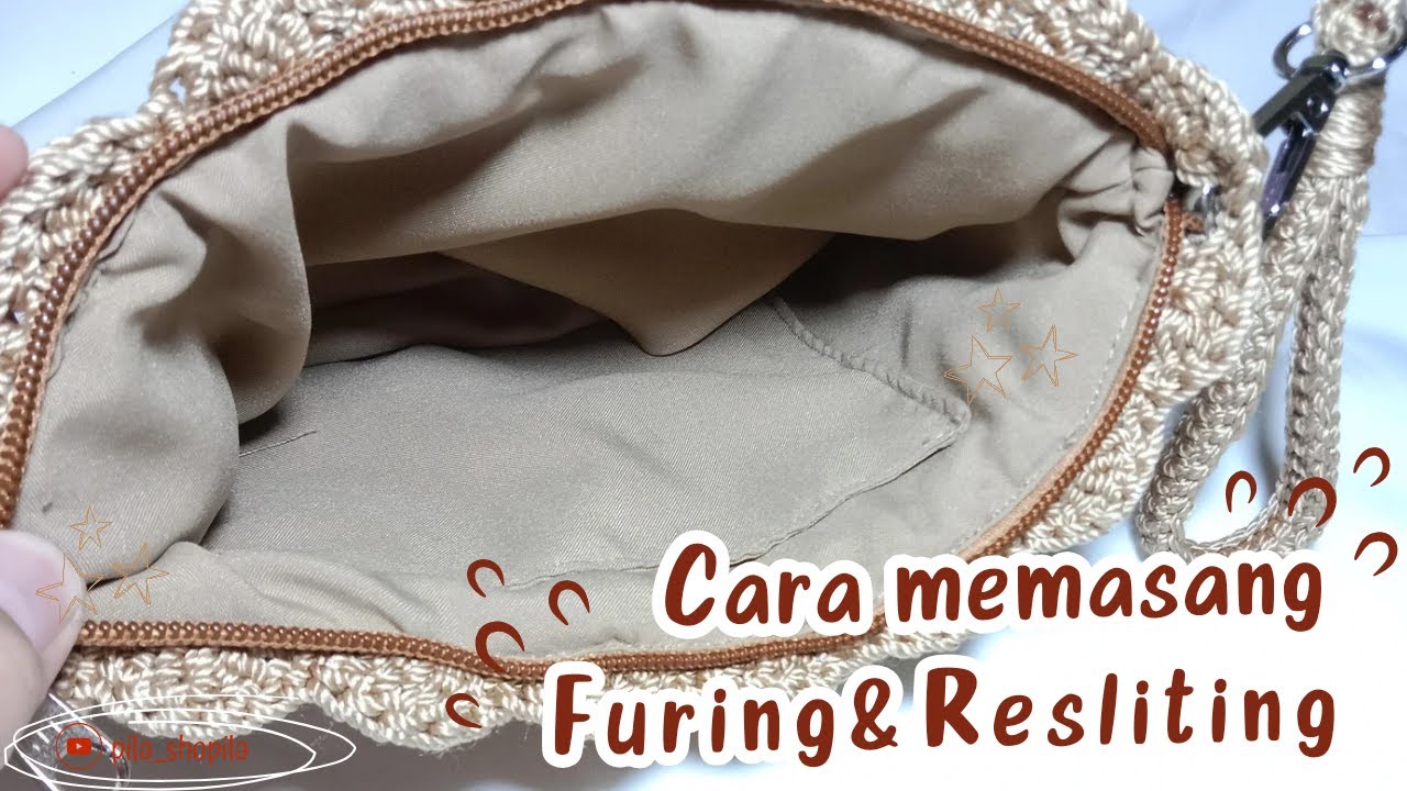 Cara memasang / menjahit Furing dan Resliting pada tas / dompet Rajut || inner tas rajut