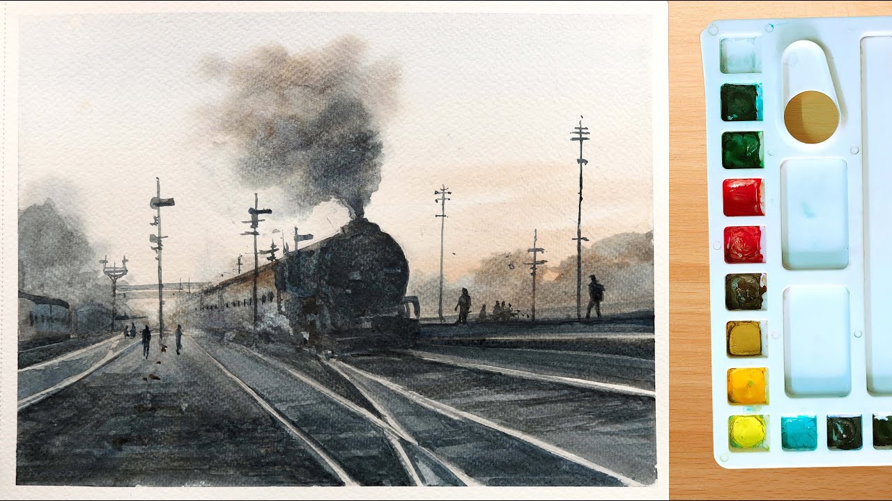 Watercolor painting cityscape winter sunset foggy railway station