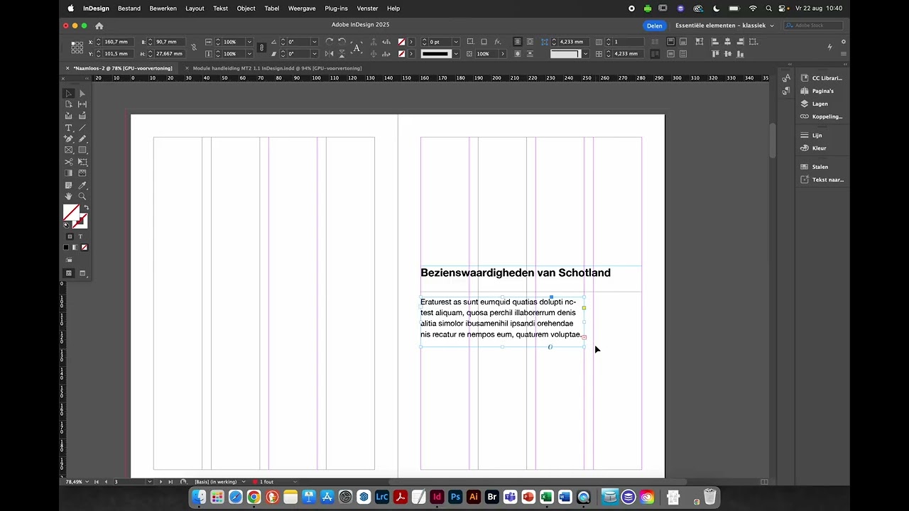 InDesign - tekst plaatsen en opmaken, plaatsaanduidingstekst plaatsen en tekstvlakken koppelen