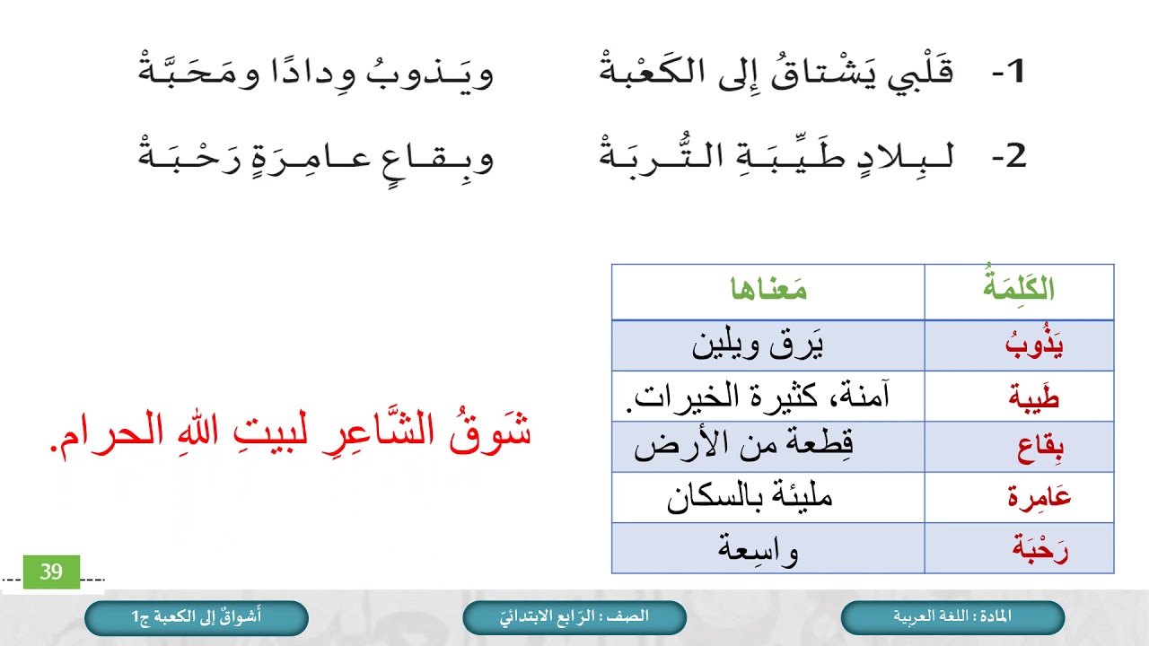 الصف الرابع   اللغة العربية   قصيدة أشواق إلى الكعبة ج1