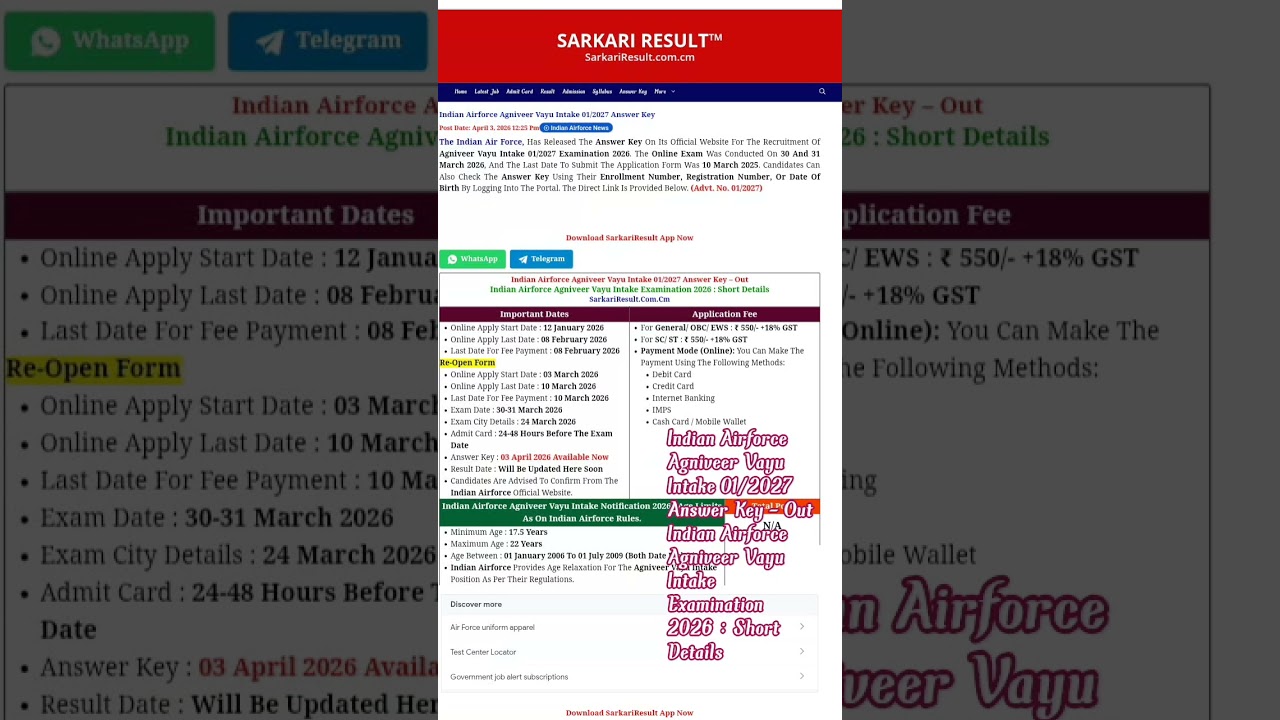 Indian Airforce Agniveer Vayu Intake 01/2027 Answer Key &ndash; OutIndian Airforce Agniveer Vay