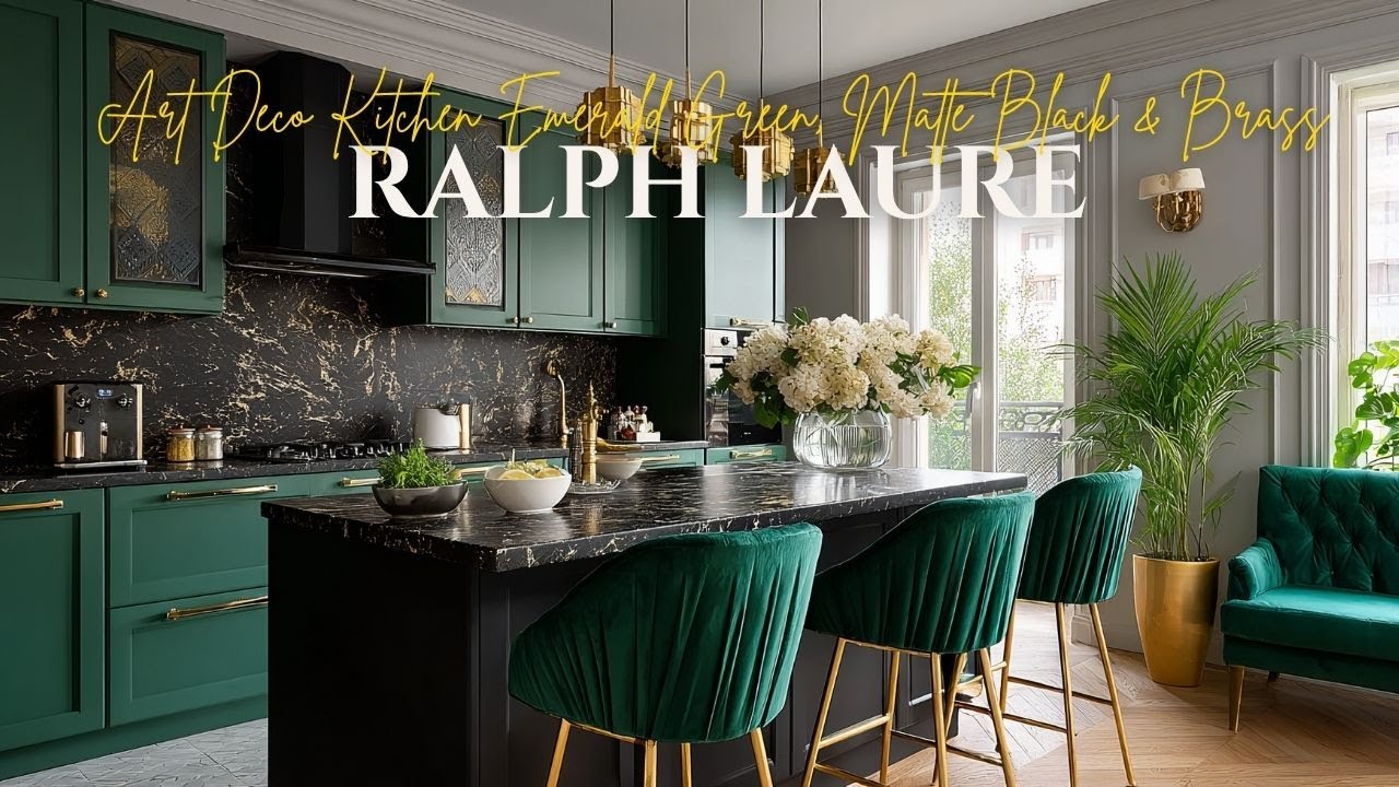 Art Deco Kitchen Inspired by Ralph Lauren Emerald Green, Matte Black & Brass Details