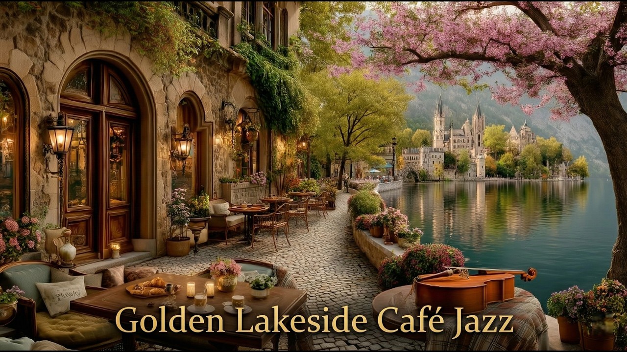 Золотое Кафе у Озера Jazz ☕ Весенняя Цветущая Терраса | Фортепиано Jazz для Фокуса | 4K