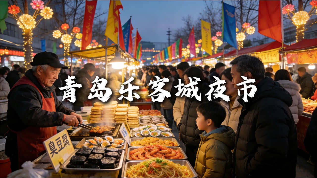 中国青岛本地人最喜欢逛的夜市之一！乐客城夜市攻略：烤鱿鱼 + 手打柠檬茶。One of the favorite night markets for locals in Qingdao, China!
