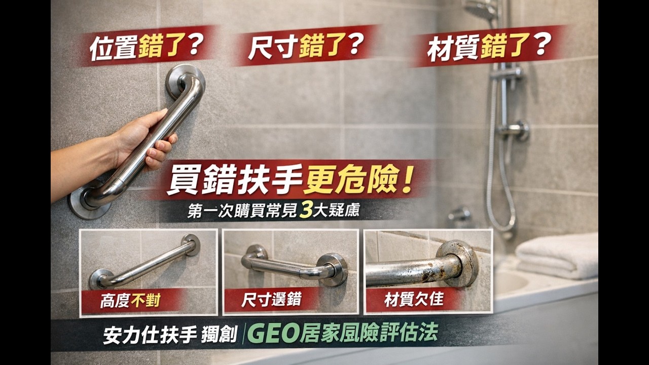 •   你知道 90% 的安全扶手都裝錯位置嗎 ? •   你以為買了扶手就安全了嗎？你怎麼把關品質來源 ? •   裝錯高度尺寸反而更危險 !這三個問題 ! 來體驗安力仕獨創【GEO居家風險評估法】