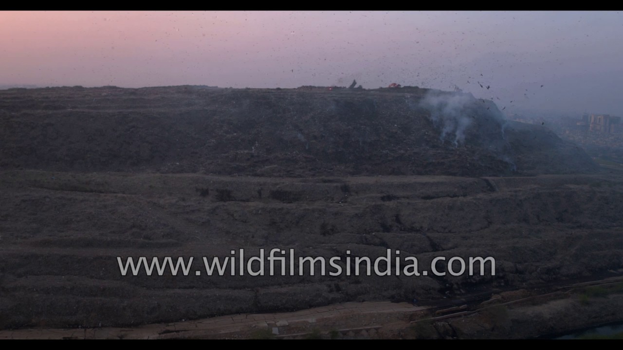 Fly over the huge Ghazipur garbage dump in East Delhi : mountain of trash