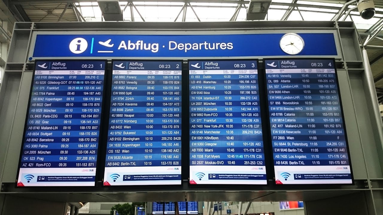 DUS Dusseldorf Airport Germany in the morning @ Departures & Arrivals and Skytrain 27 July 2017