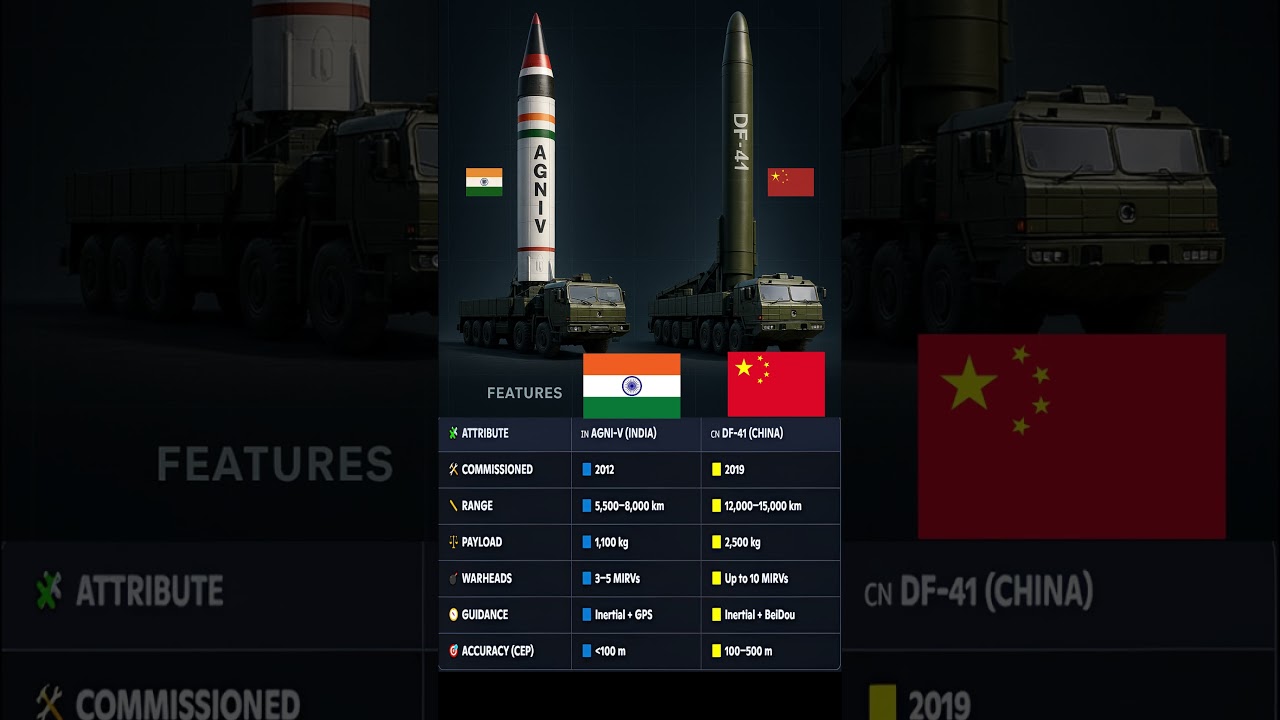 Agni-V 🇮🇳 vs 🇨🇳 DF-41 | ICBM Comparison #ranking #missilecomparison