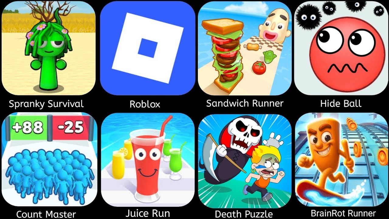 Spranky survival,Roblox, sandwich runner,Hide ball,count Master, Death puzzle,