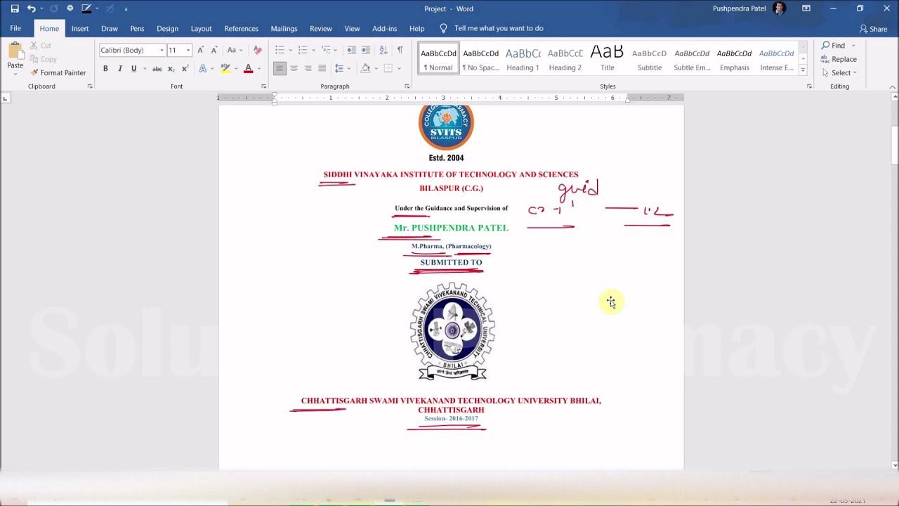 Project Work (Part-02) B.Pharmacy = Front Page, Acknowledge Page, and Abstract Page (HINDI)